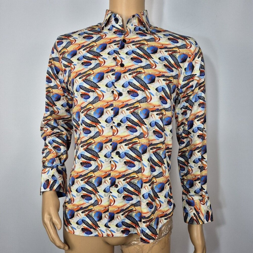 Visconti Black Shirt Men's Size S Orange/Blue Button Up Long Sleeve Stretch (51)